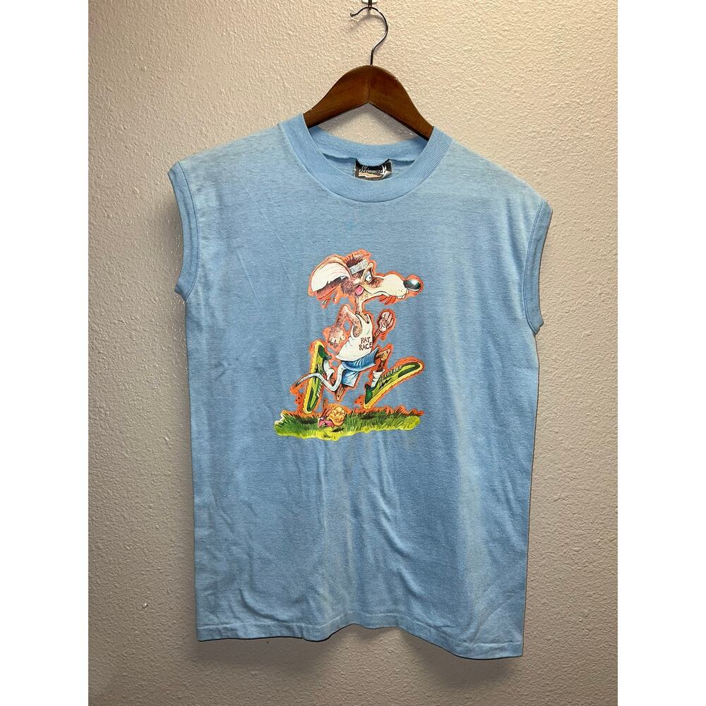 Vintage Light Blue Graphic Tank Top with Multicolor Print